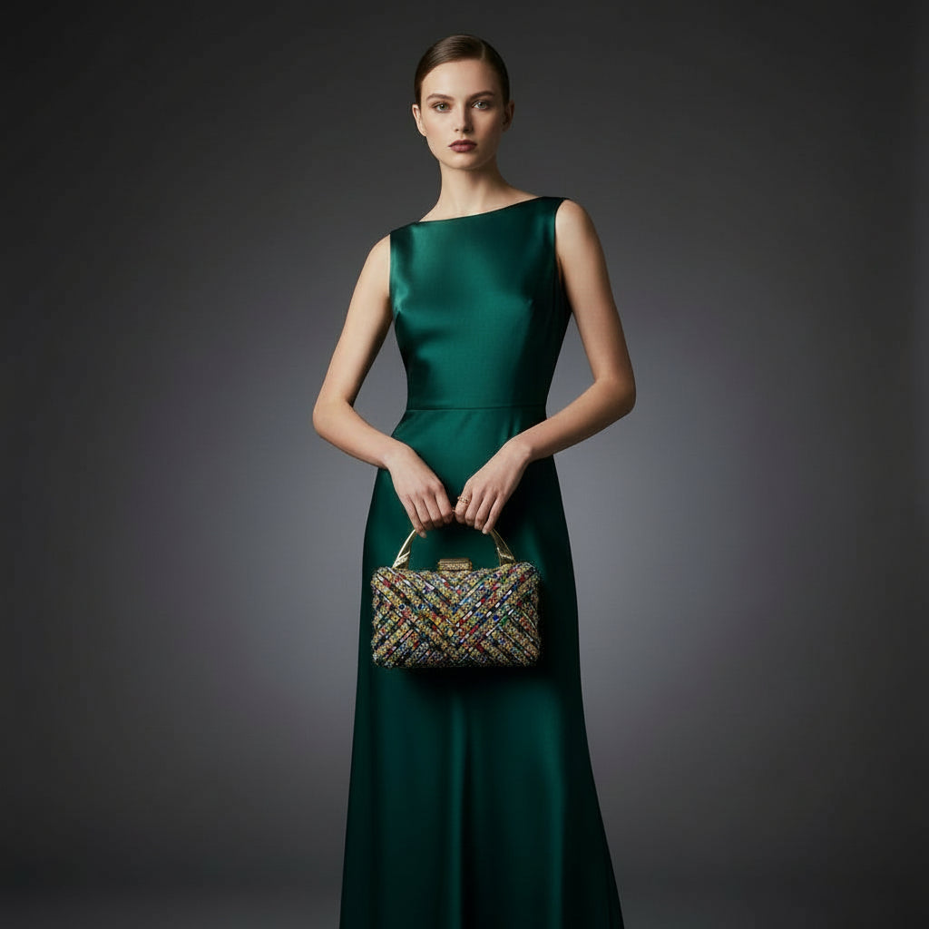 Colorful gemstone handbag held by a person against a light background