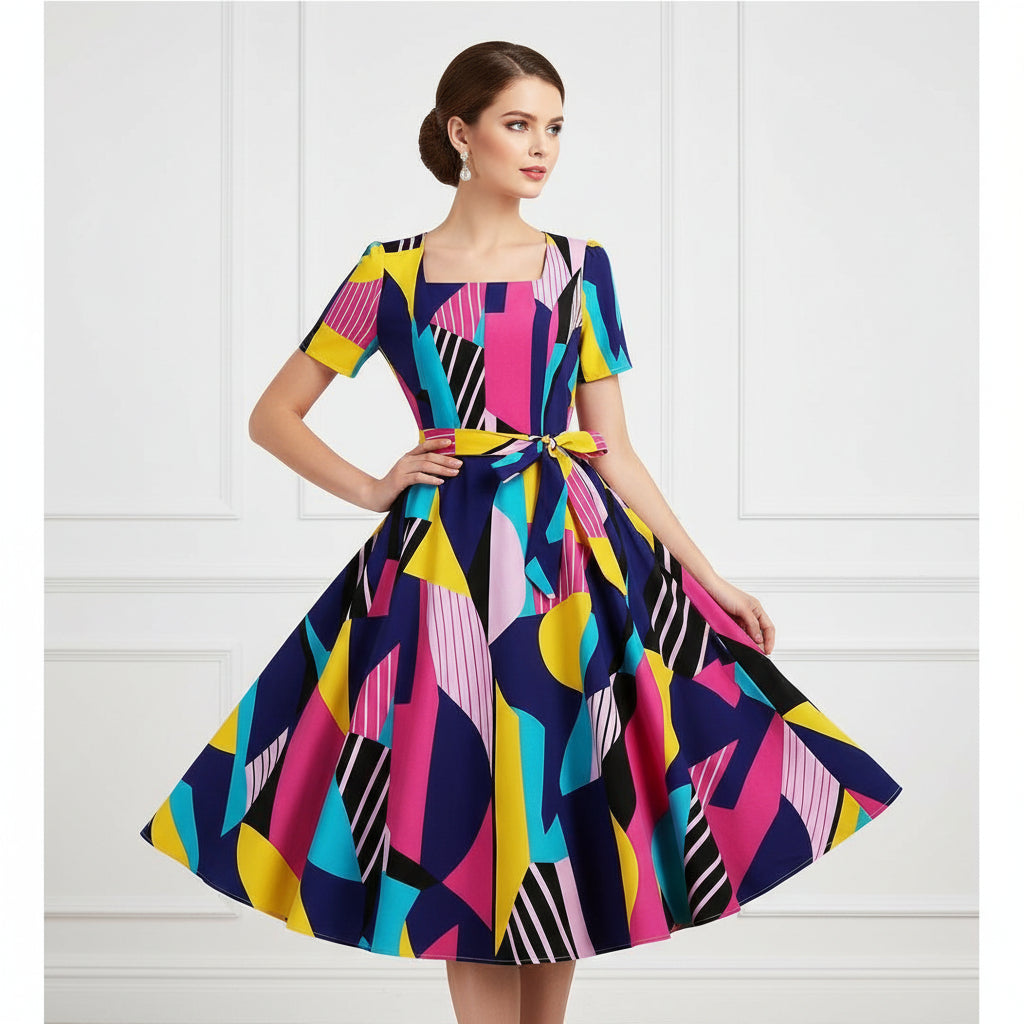 Colorful geometric patterned dress on a white background
