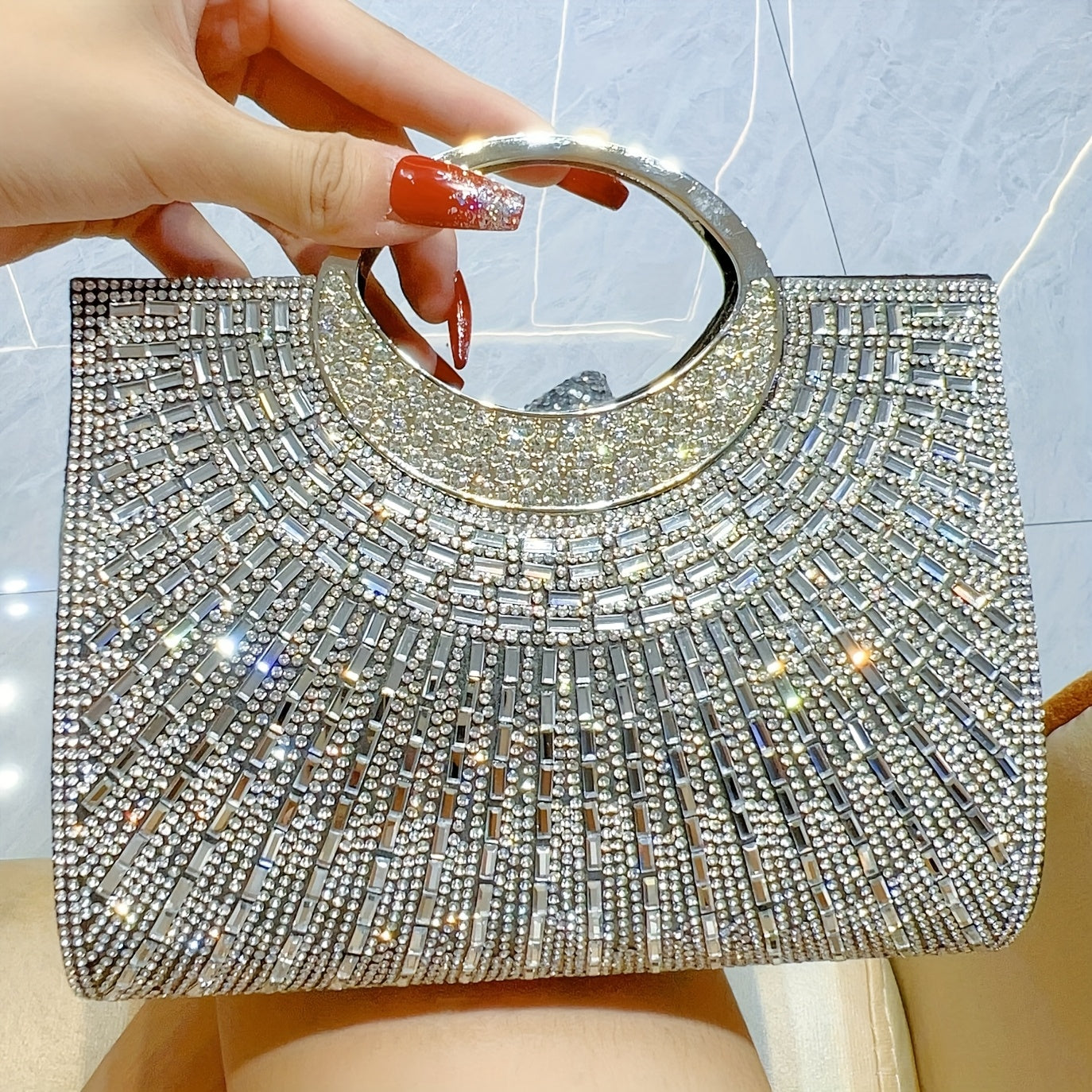 Golden Rhinestone Evening Clutch - Sparkly Glitter Party Purse for Weddings