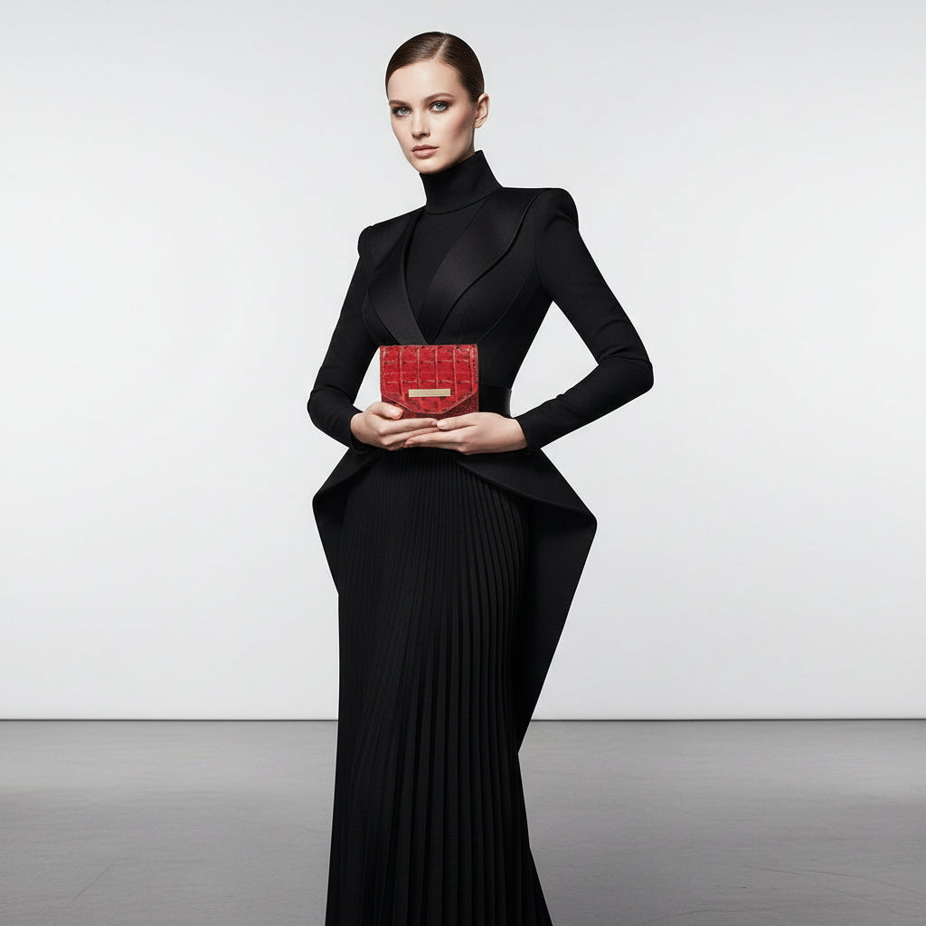 Red textured wallet with a gold clasp on a light surface, with a grey background.