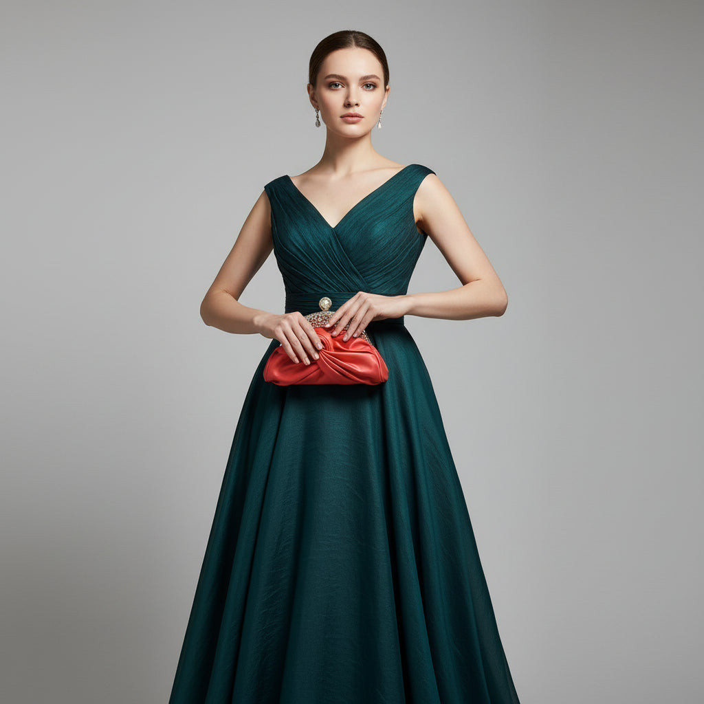 Red clutch with decorative clasp held by a hand against a neutral background