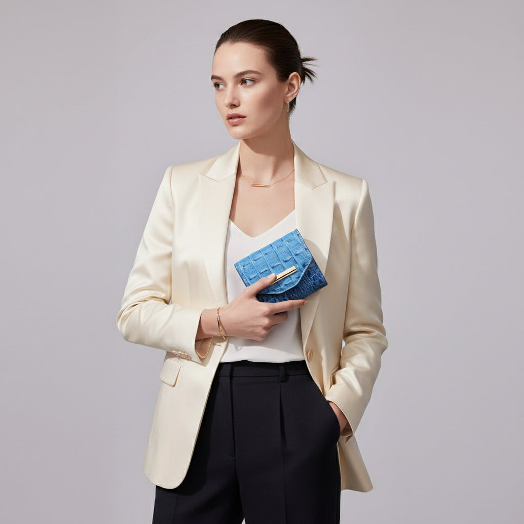 Blue textured wallet with a gold clasp on a light surface