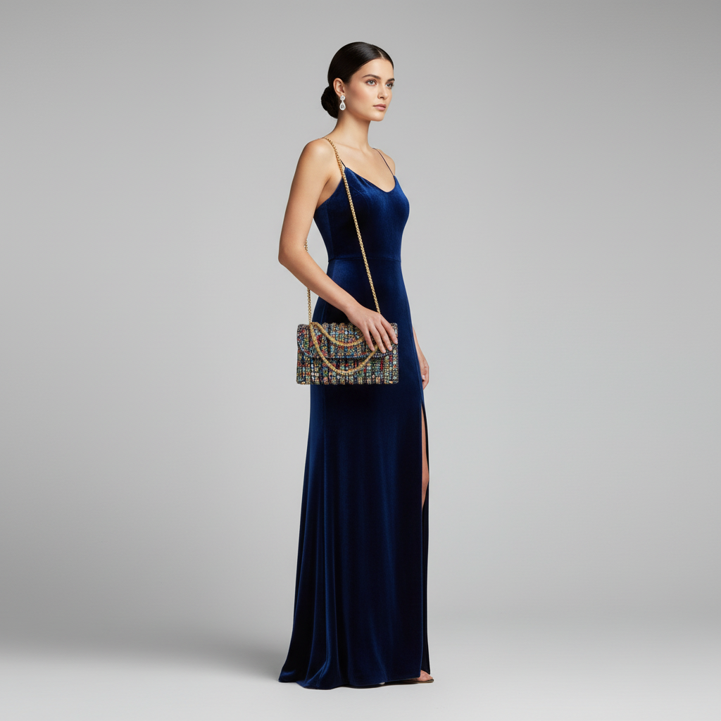 Multicolored beaded handbag with gold handle on a light background