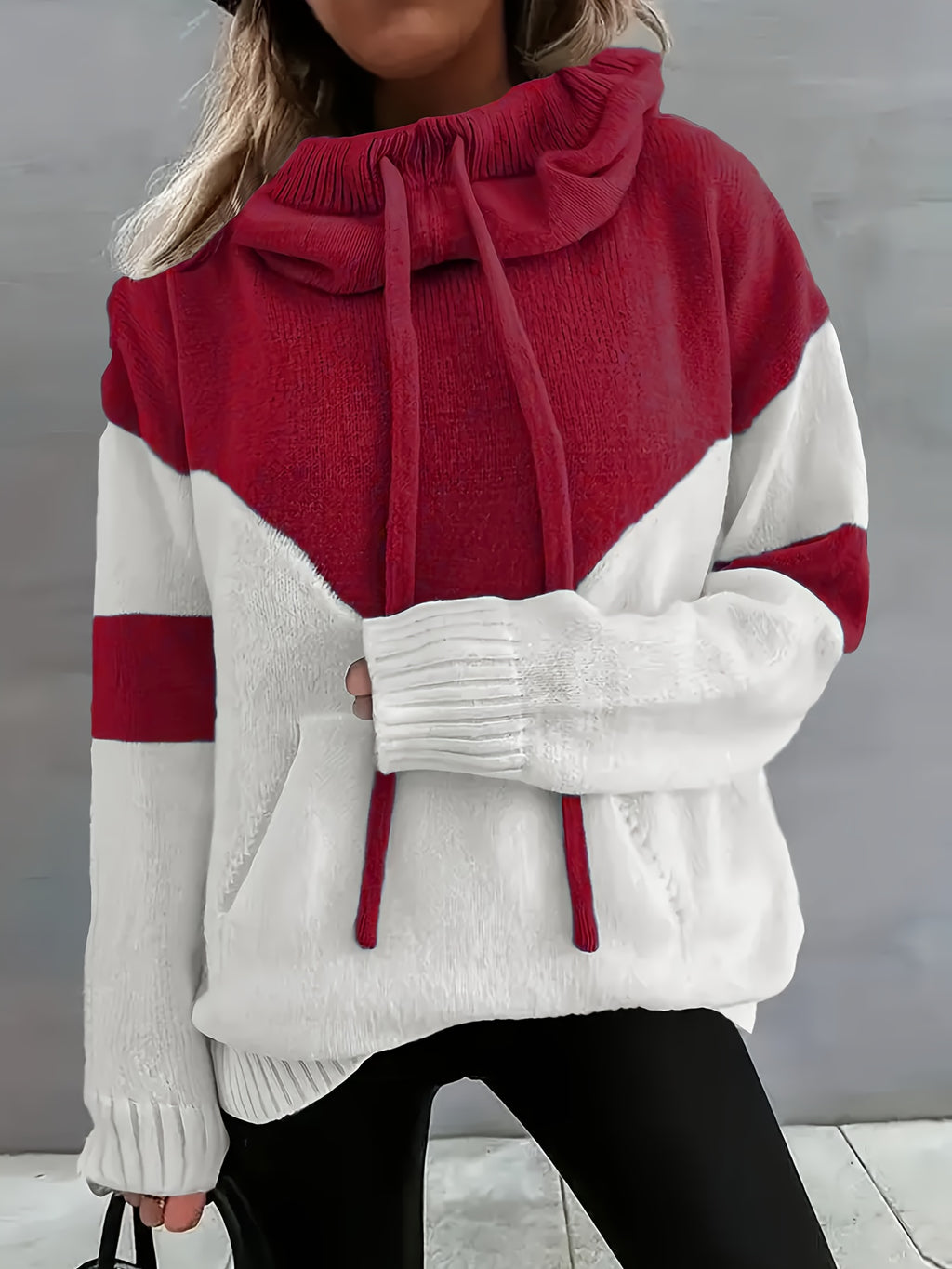 Plus Size Color Block Hooded Sweater - Drawstring Long Sleeve Pullover for Women | Fall/Winter Casual Top