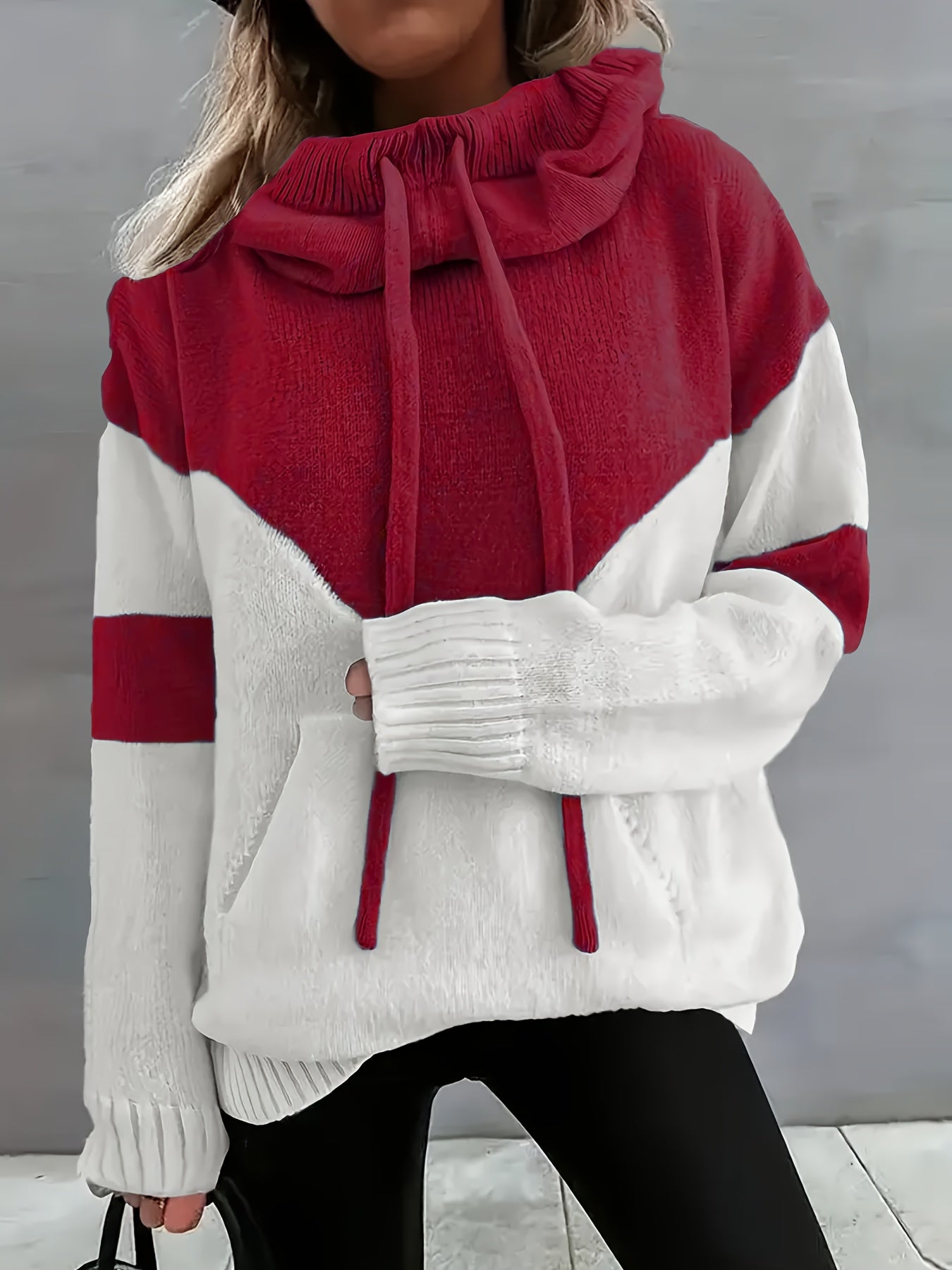 Plus Size Color Block Hooded Sweater - Drawstring Long Sleeve Pullover for Women | Fall/Winter Casual Top