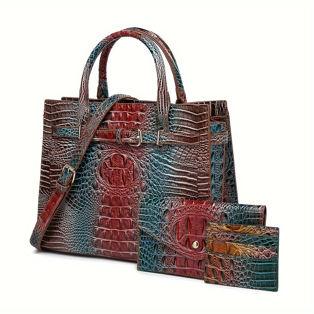 Crocodile Embossed Tote Bag with Matching Clutch - 2-Piece Handbag Set for Women