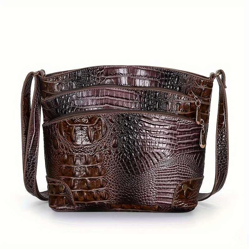 Brown crocodile-patterned handbag on a white background