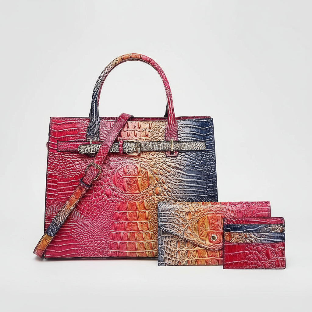 Colorful crocodile-patterned handbag and matching wallet on a white background