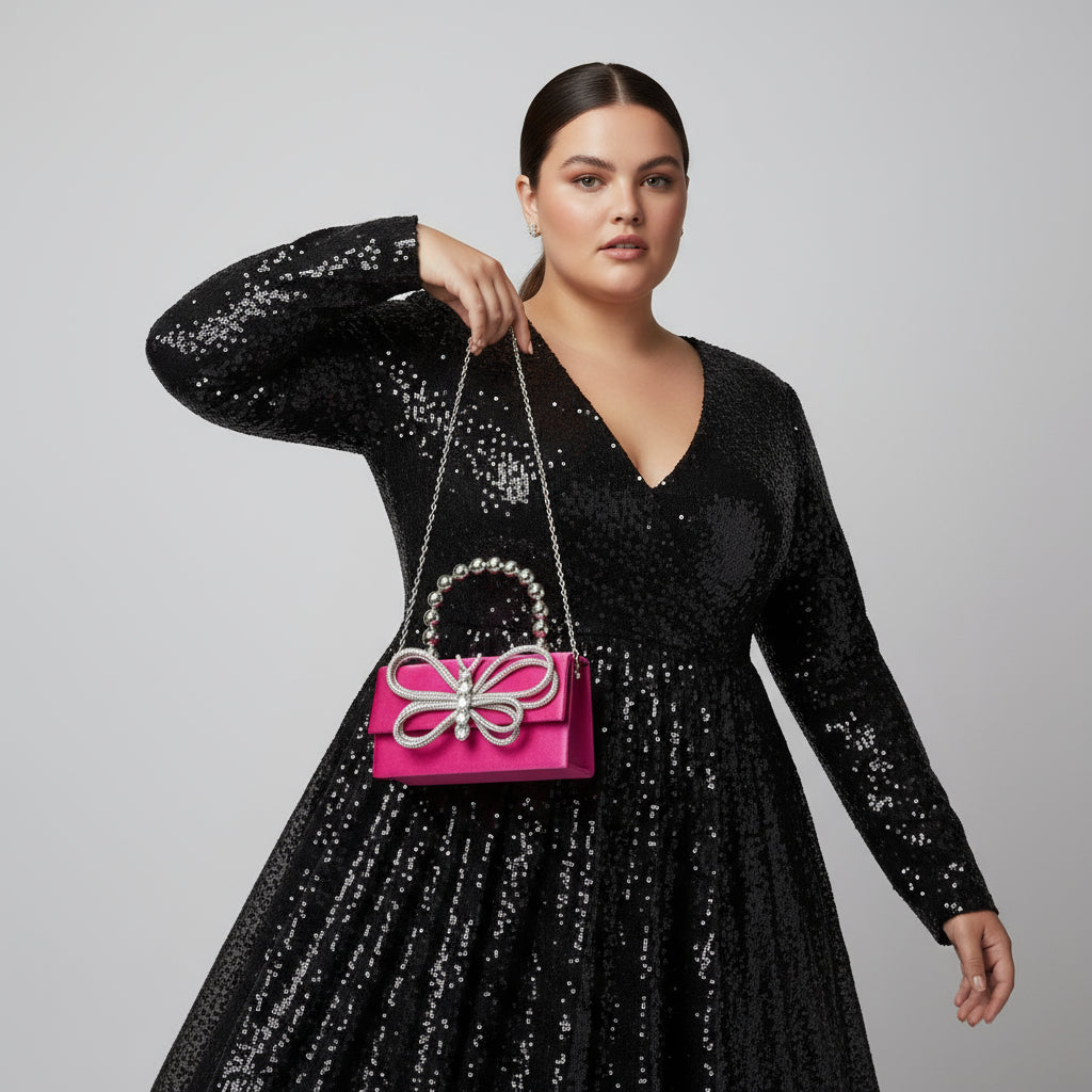 Pink clutch bag with butterfly design and pearl accents held by a person wearing a black sequin dress.