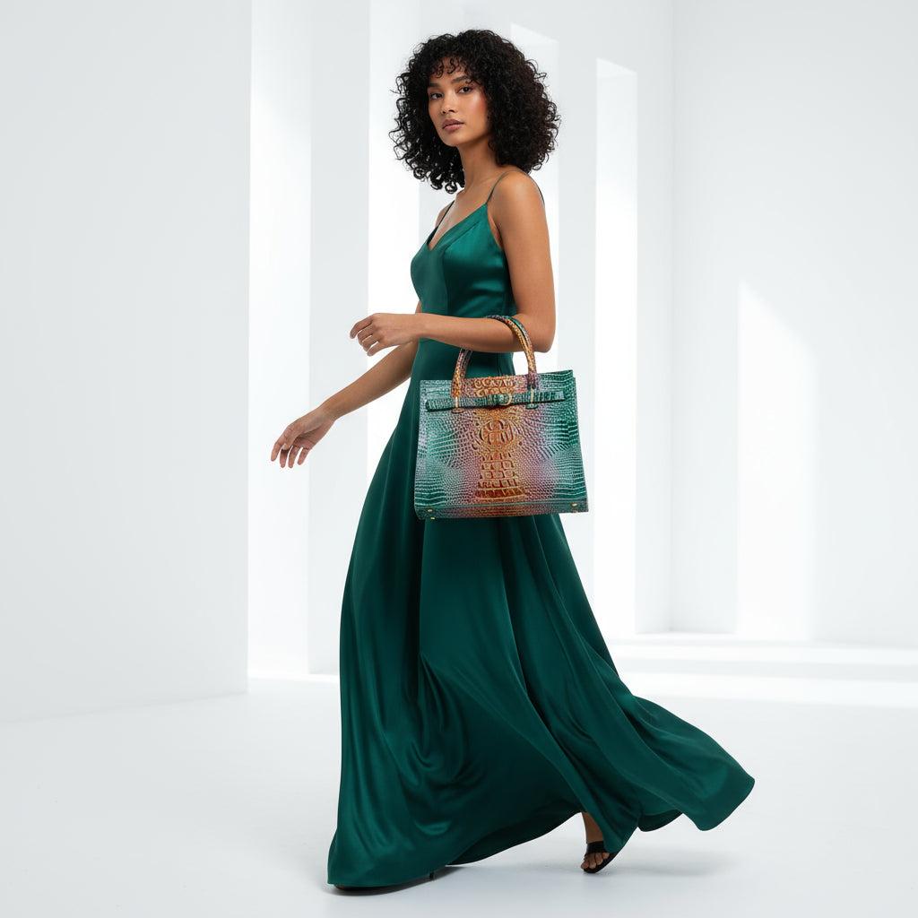 Woman holding a multicolored textured handbag against a gray wall