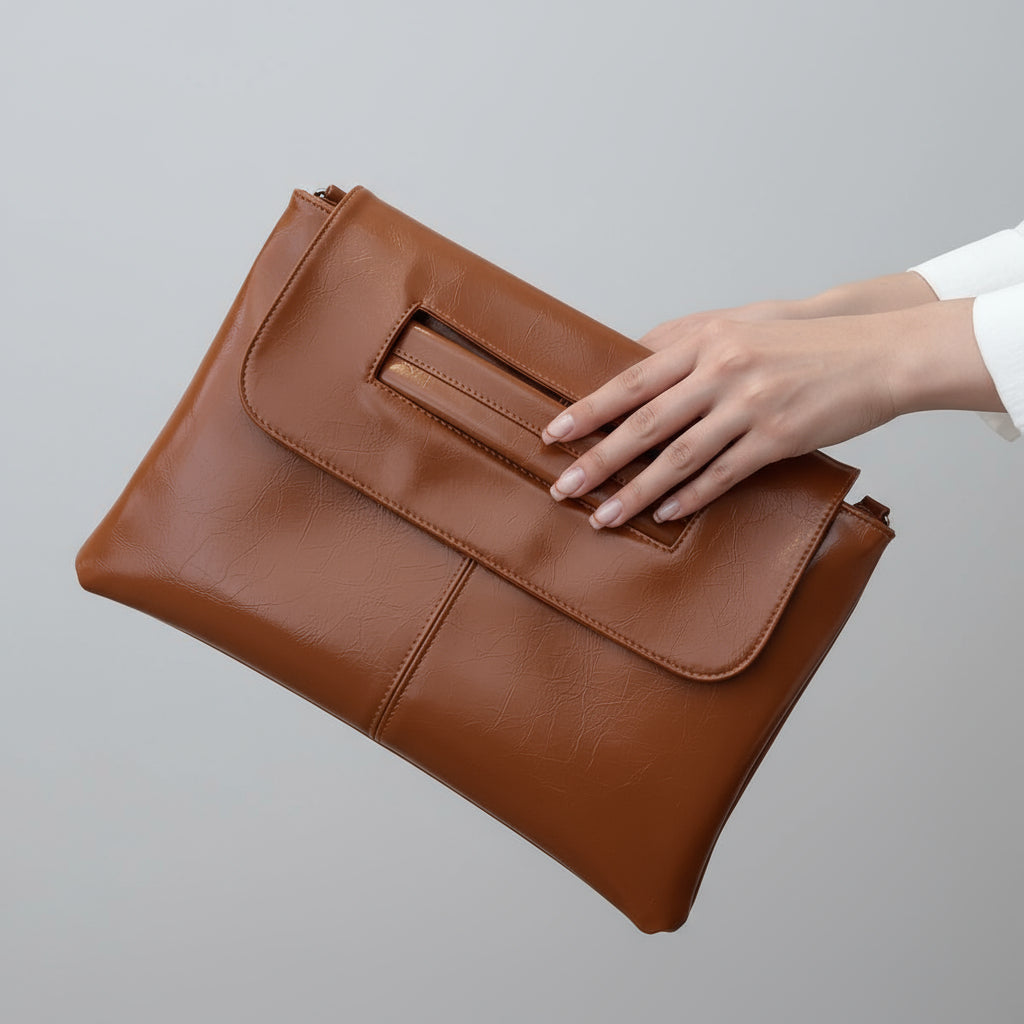 Brown leather clutch held by a person on a light-colored surface