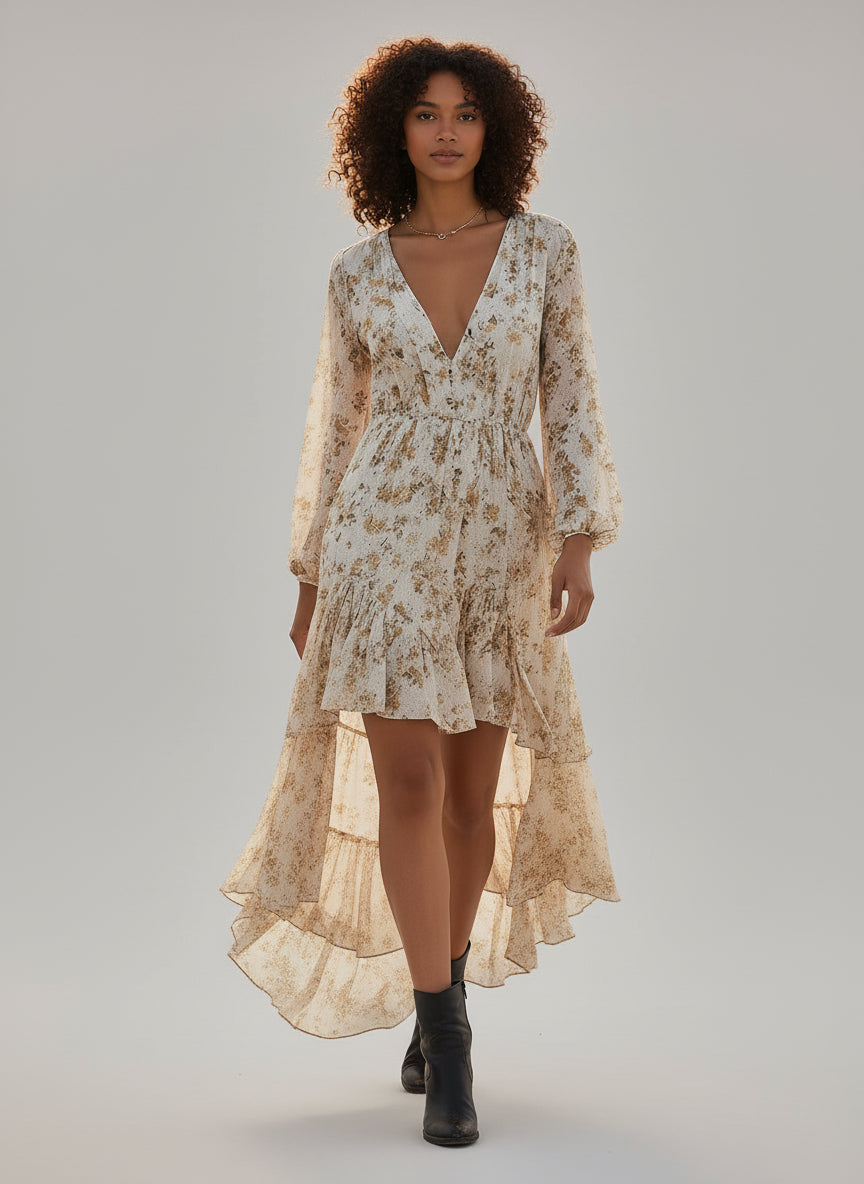 Woman in a floral dress with black ankle boots booties