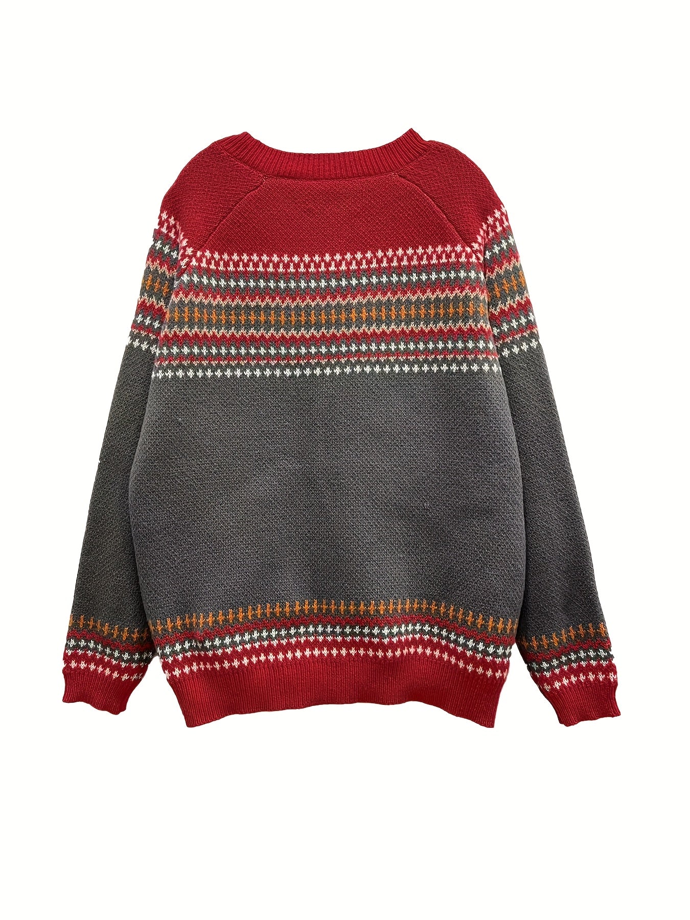 Gray sweater with red trim and multicolored pattern on a white background