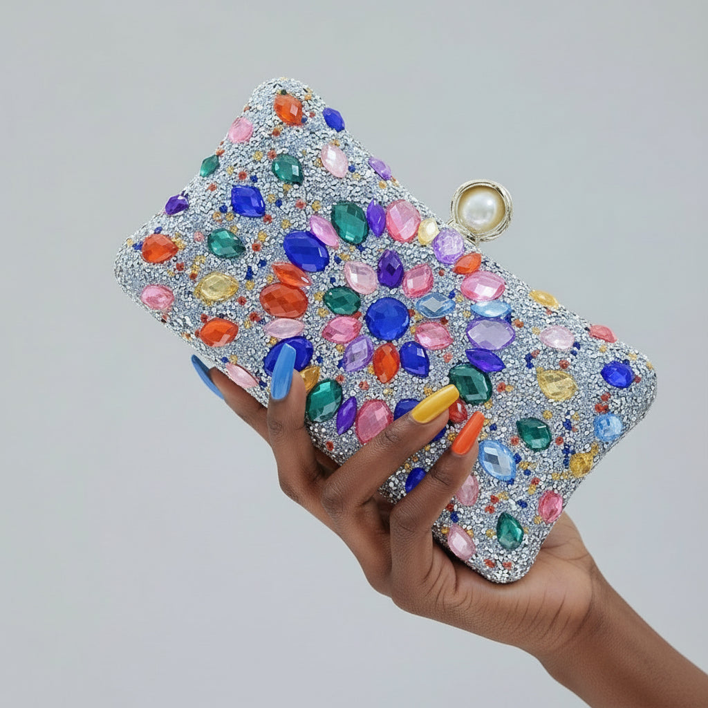 Multicolored gemstone clutch held by a hand against a neutral background