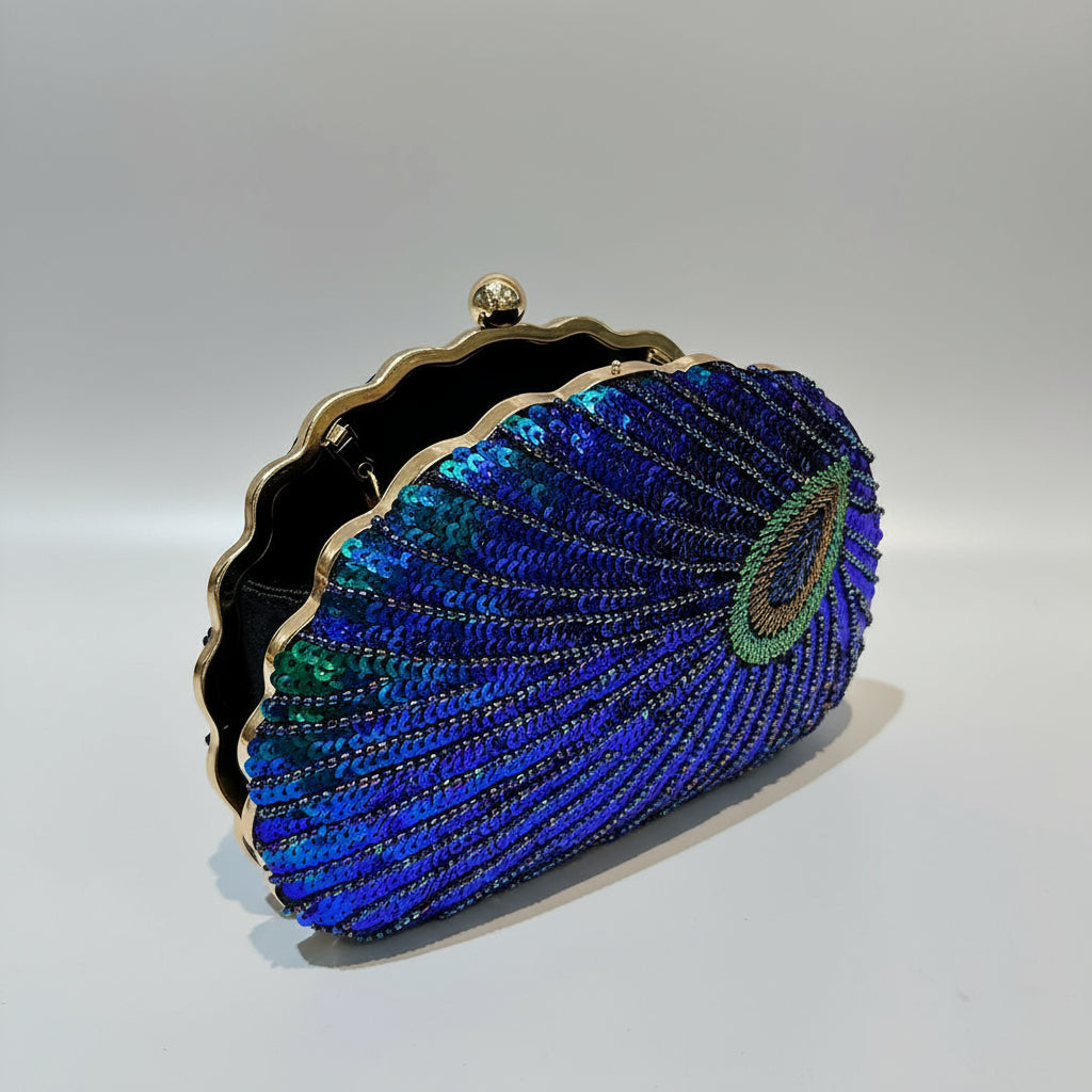Peacock Blue Beaded Clutch - Vintage Cheongsam Evening Bag with Sequins