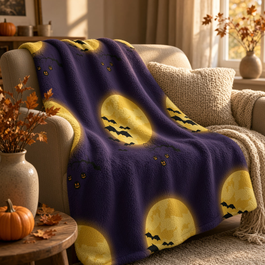 Halloween Moon Sherpa Blanket — Full Moon Bats & Jack-O’-Lanterns Fleece Throw