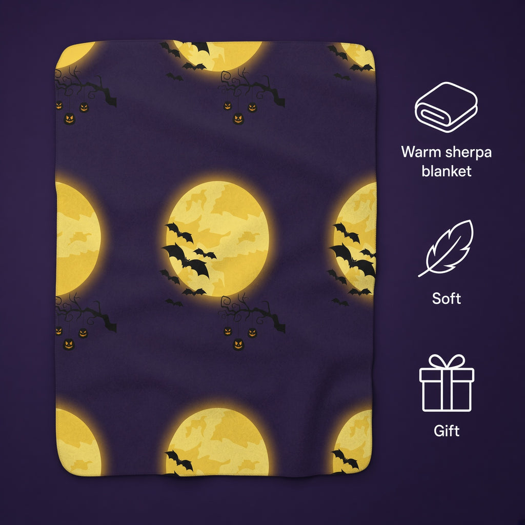 Halloween Moon Sherpa Blanket — Full Moon Bats & Jack-O’-Lanterns Fleece Throw