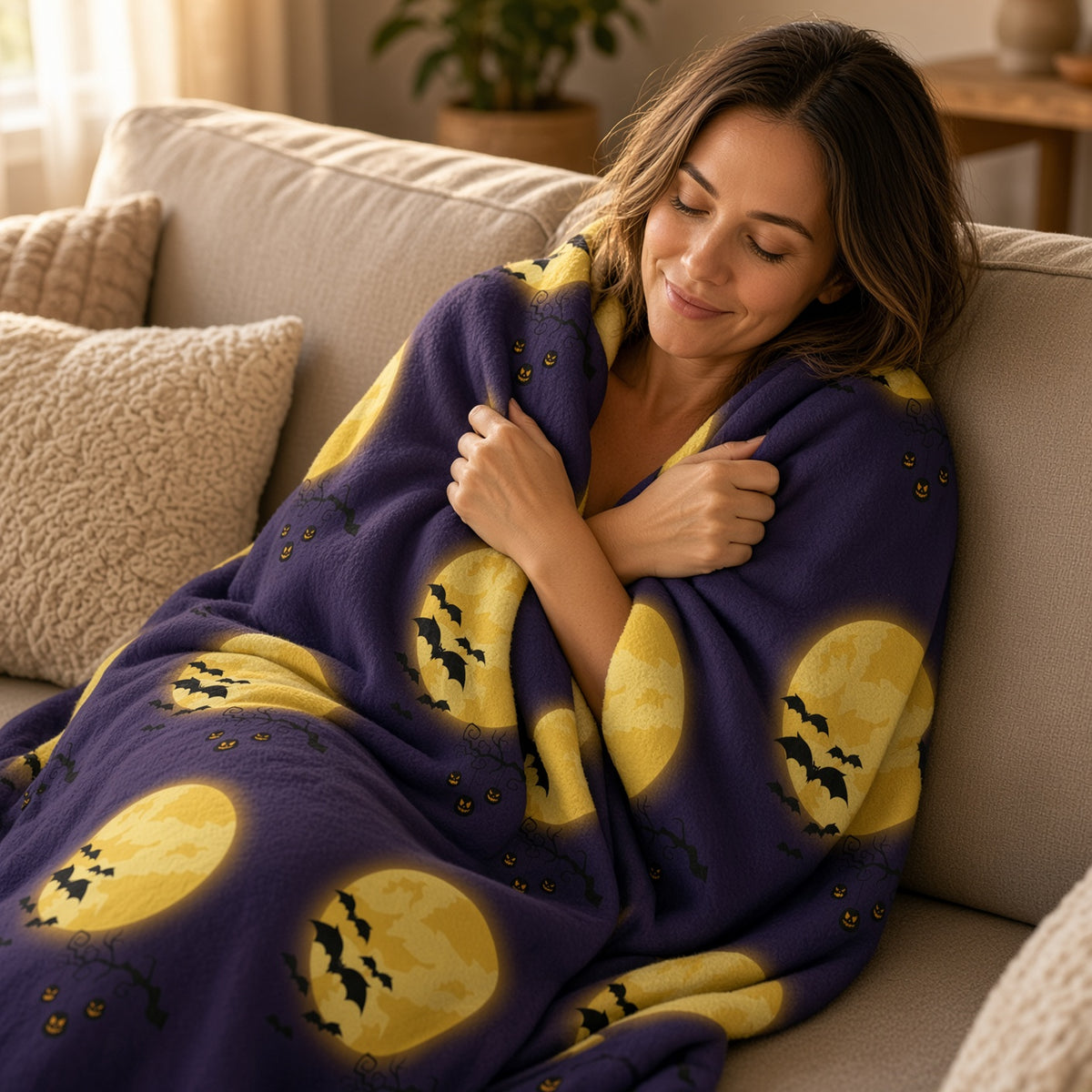 Halloween Moon Sherpa Blanket — Full Moon Bats & Jack-O’-Lanterns Fleece Throw