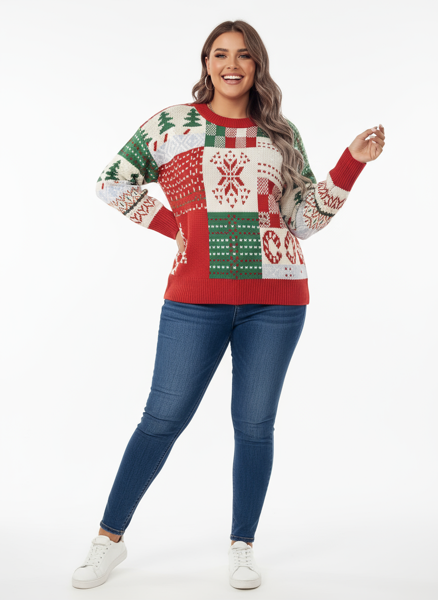 Plus size model wearing Christmas sweater full body