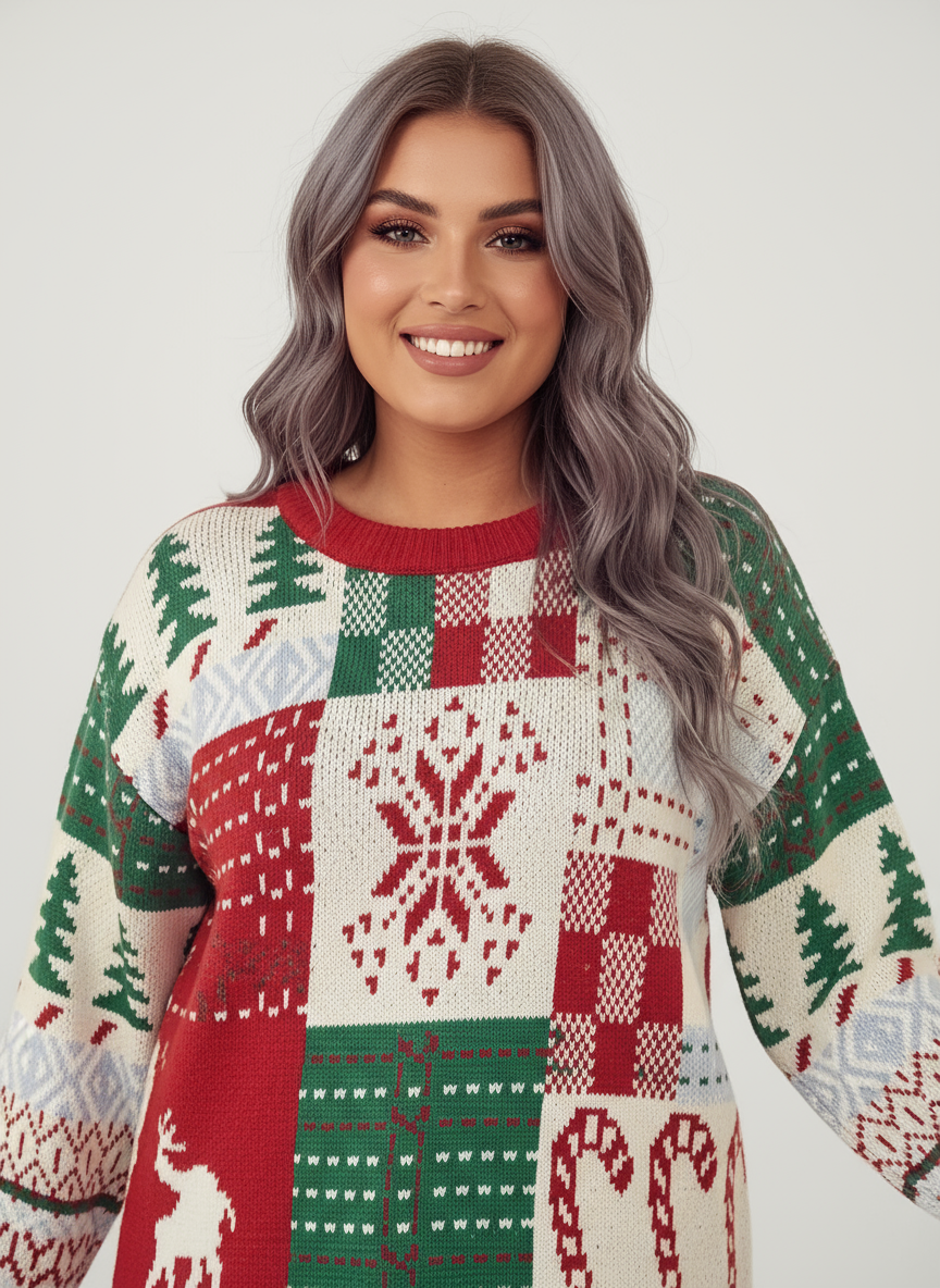 Plus size model Christmas Sweater closeup