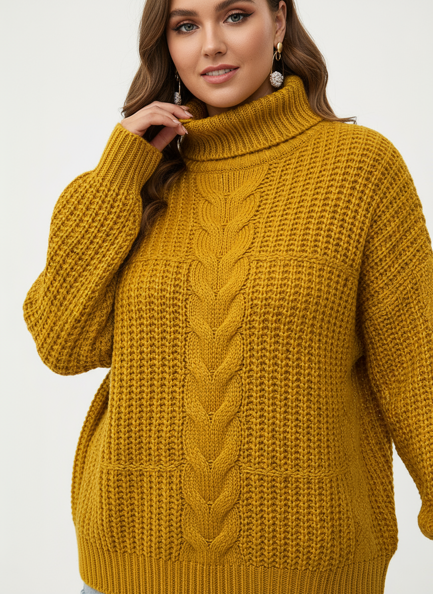 Plus size model closeup turtle neck sweater ribbed 