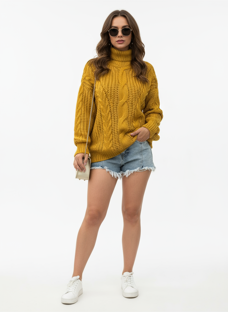 Mustard Yellow Chunky Ribbed knit model 