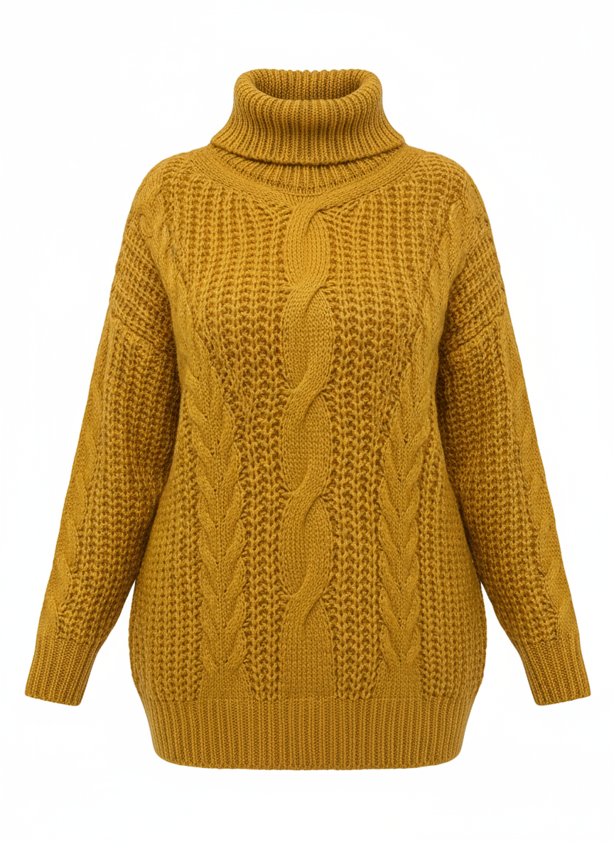 Mustard Front product view ribbed chunky  knit  turtle neck sweater 
