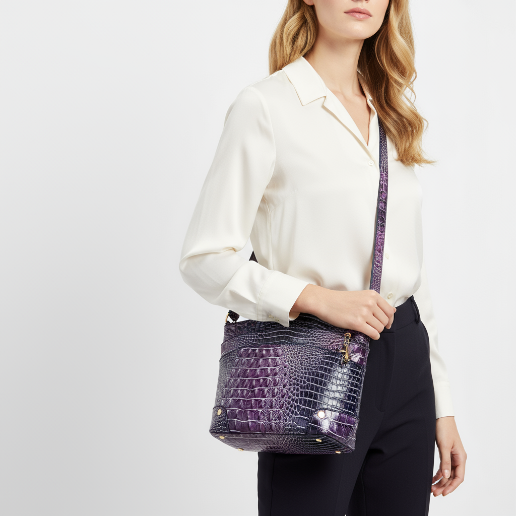 Model closeup with long strap handbag