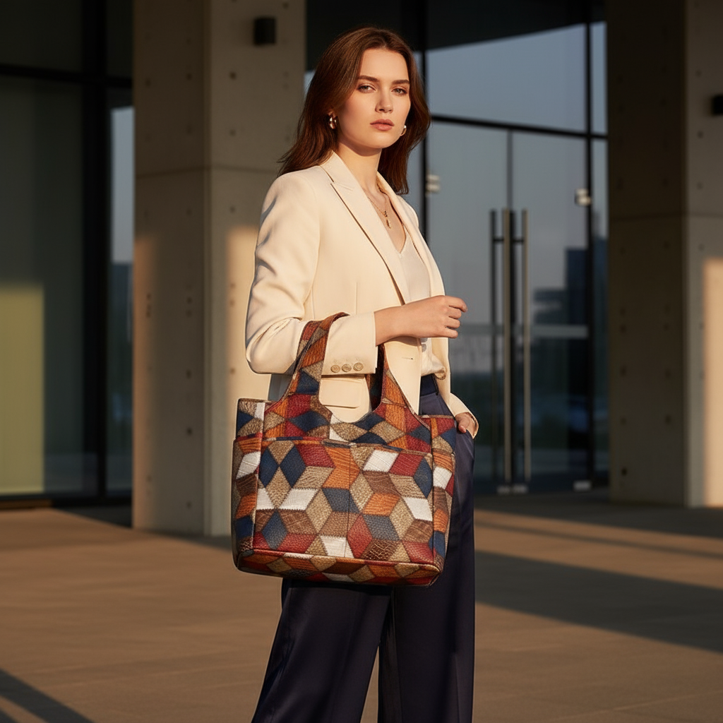 Woman holding a patterned handbag in an urban setting